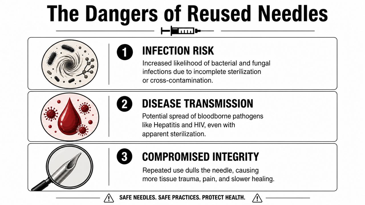 An educational infographic explaining the three main health risks associated with the dangerous practice of reusing needles.