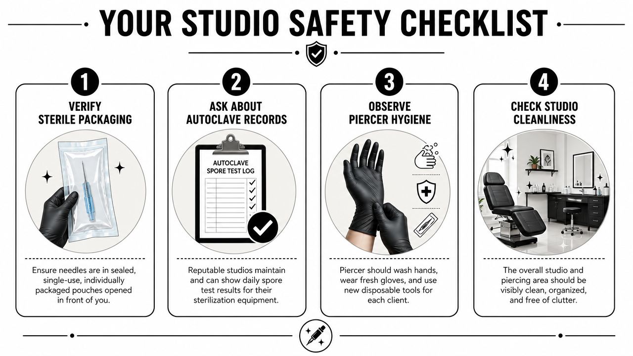 A four-step infographic illustrating essential safety practices for a professional body piercing studio visit.