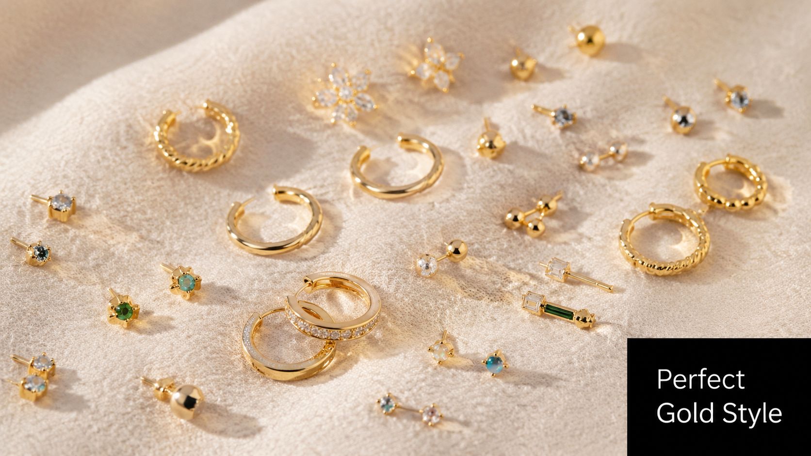 An assortment of exquisite solid gold piercing jewelry arranged beautifully on a soft, textured fabric surface.