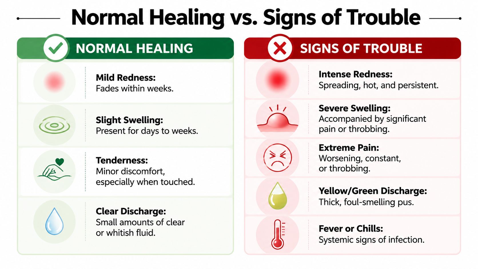 An infographic comparing signs of normal healing against signs of trouble for a body piercing.