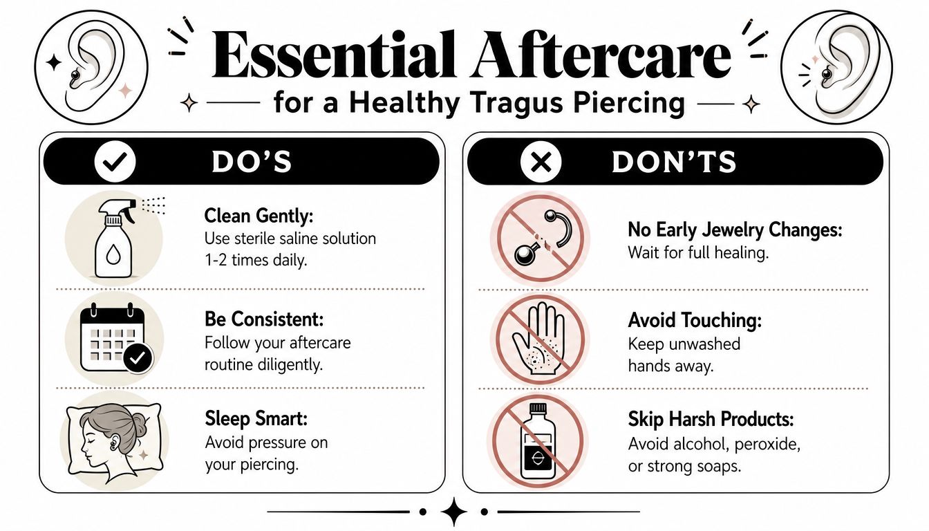 A helpful infographic outlining essential aftercare do's and don'ts for maintaining a healthy tragus piercing.