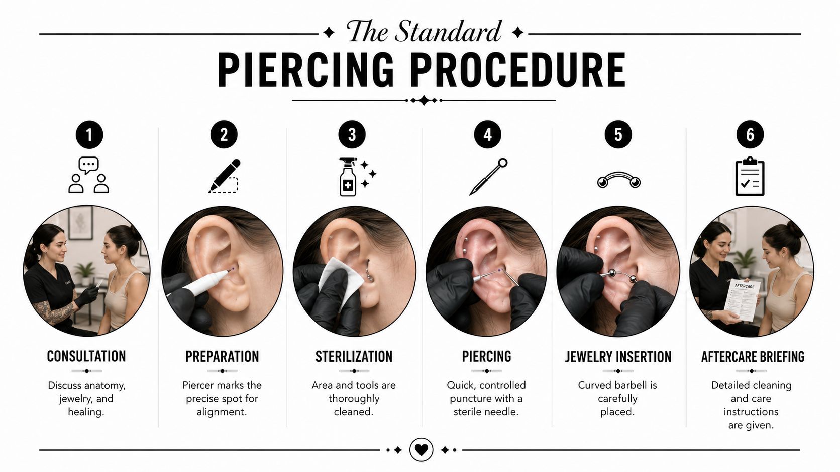 A six-step infographic illustrating the professional standard piercing procedure from consultation to aftercare briefing.