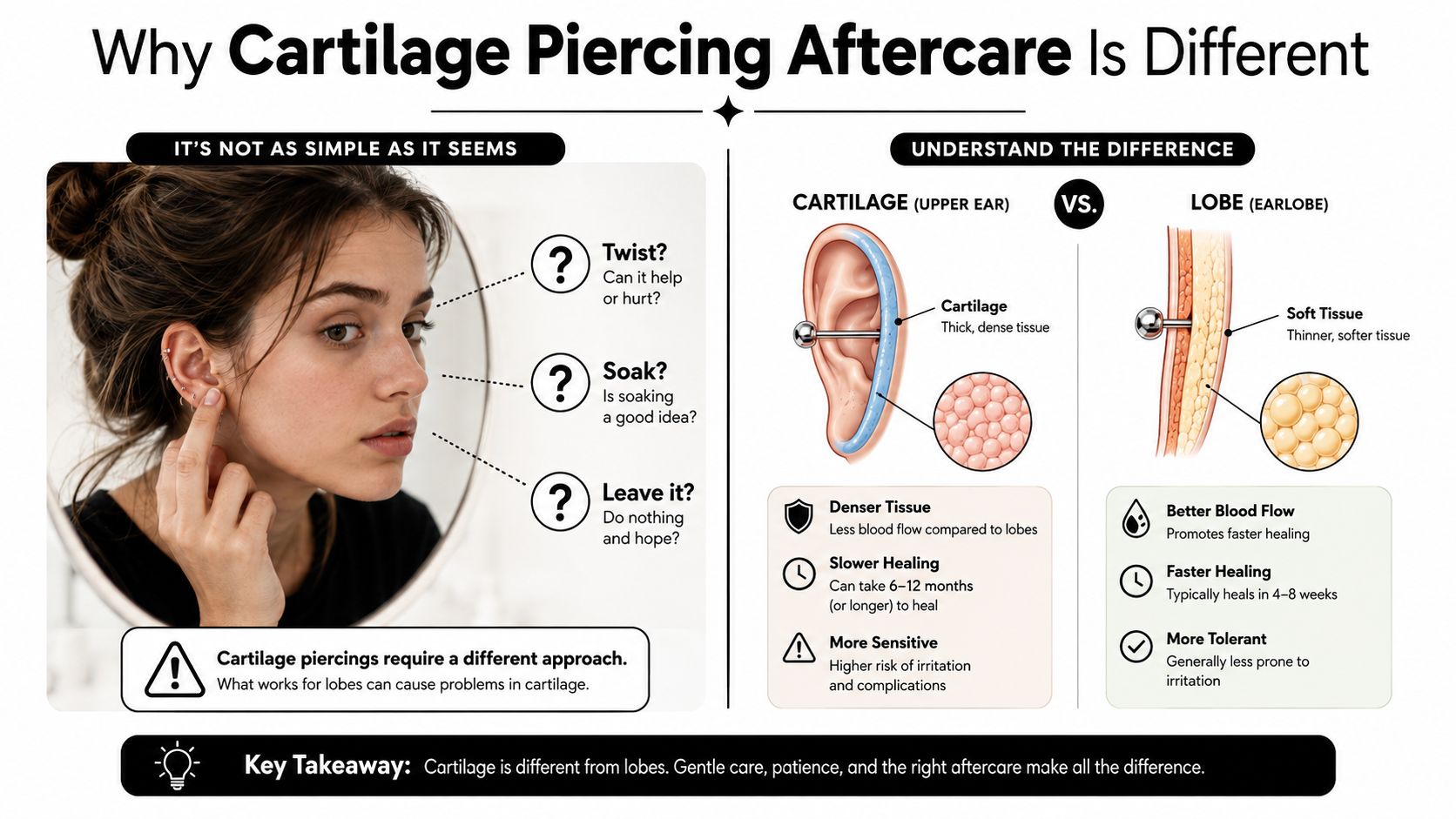 An infographic comparing cartilage and earlobe piercing aftercare, highlighting why cartilage healing requires more patience and care.