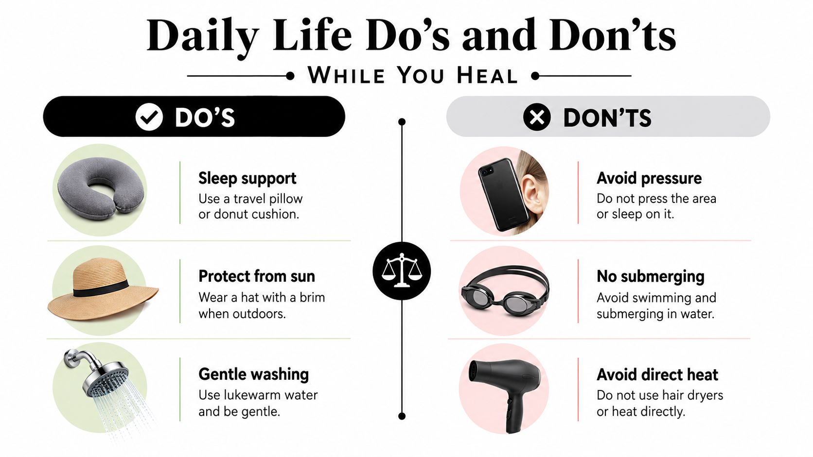 An infographic titled Daily Life Do's and Don'ts while you heal, displaying tips for cartilage piercing aftercare.