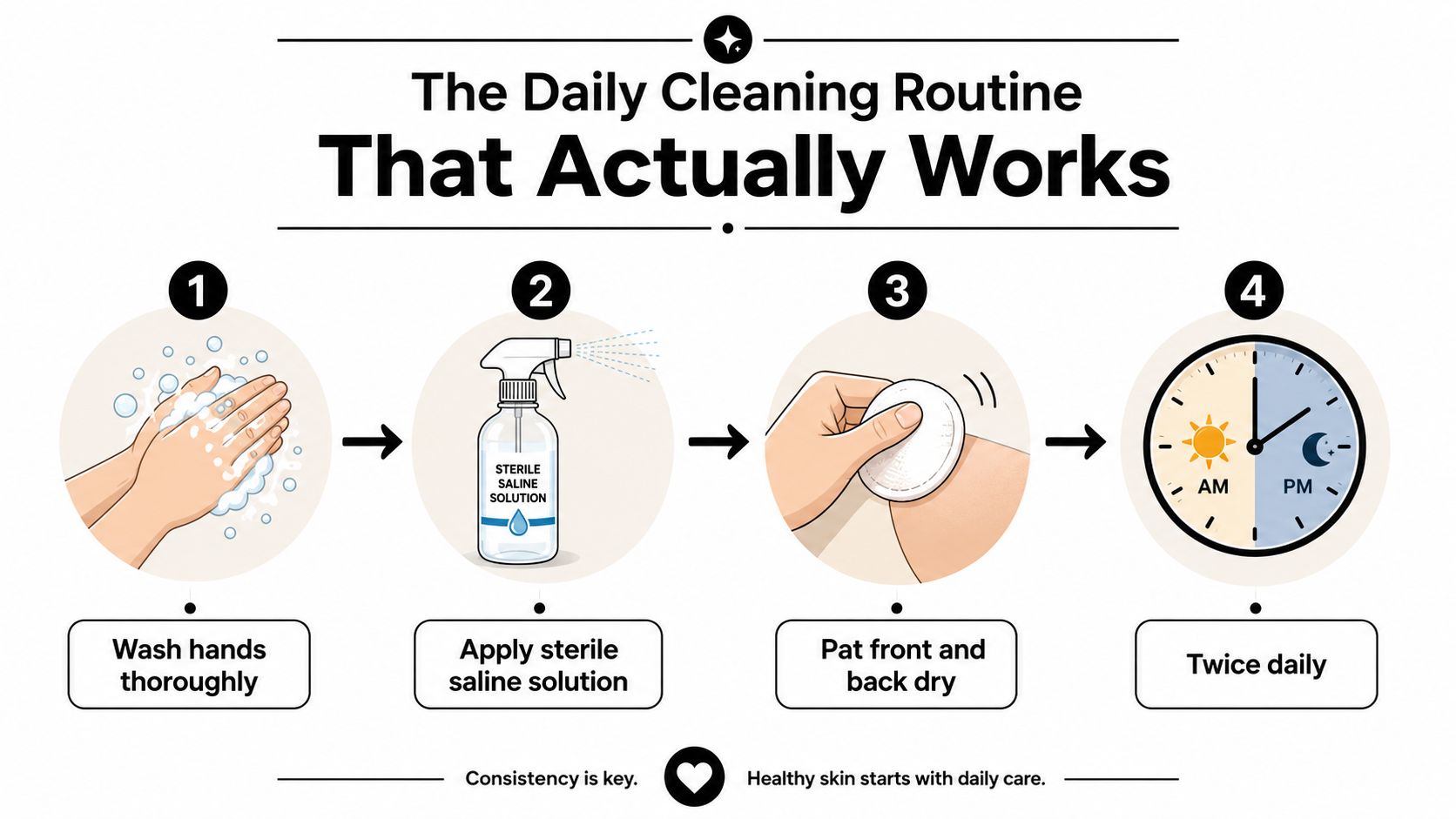 An infographic showing a four-step daily cleaning routine for body piercings using sterile saline solution and cleansing.