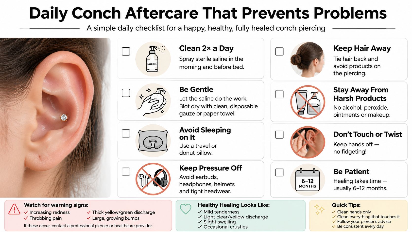 An infographic detailing a daily checklist for proper conch piercing aftercare and warning signs of infection.