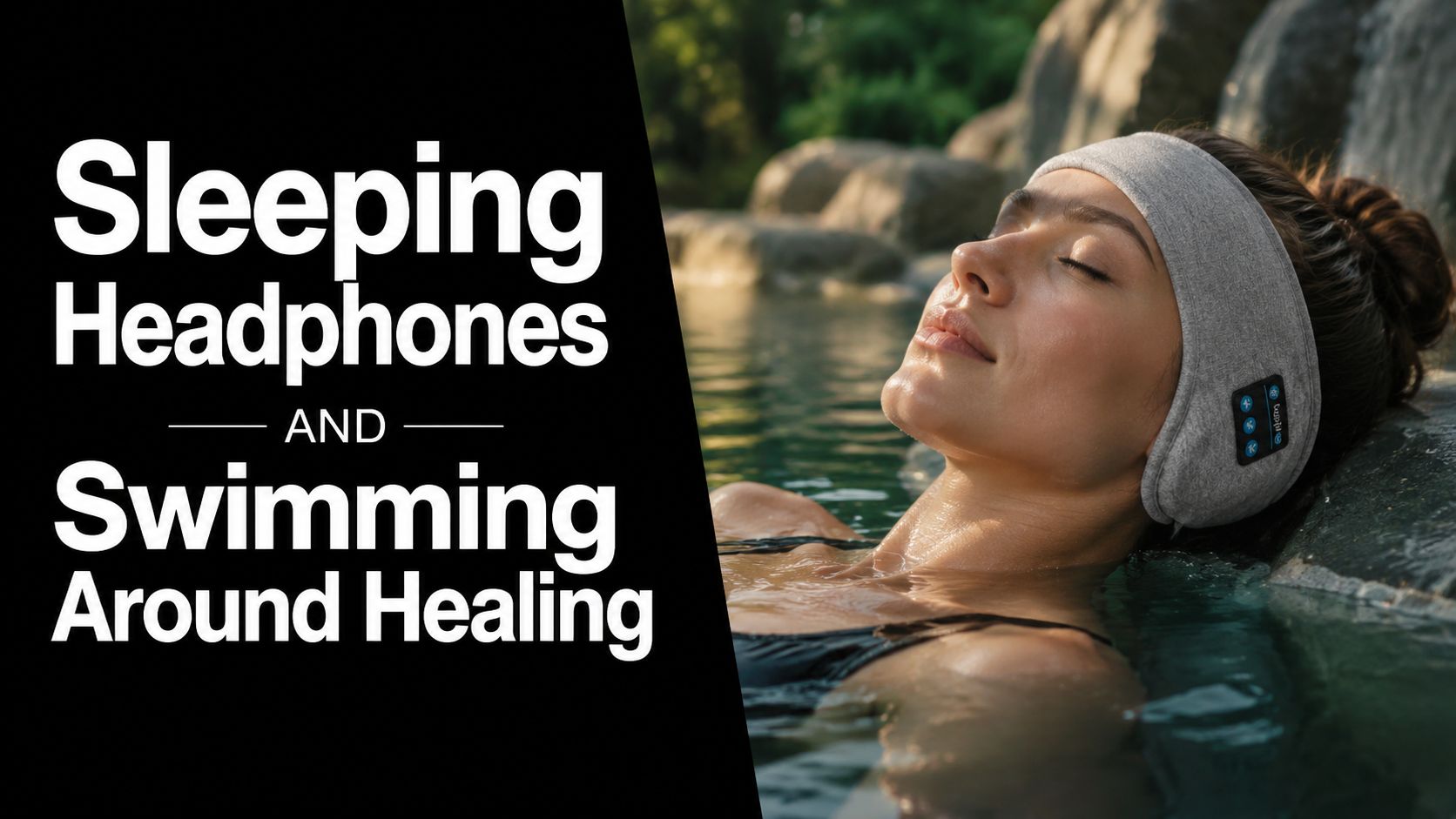 A relaxed woman wears a grey headband with integrated headphones while soaking in a natural healing spring.