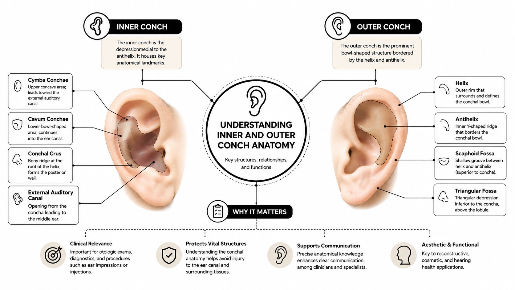 An educational infographic labeling the anatomical structures of the human ear, specifically the inner and outer conch.