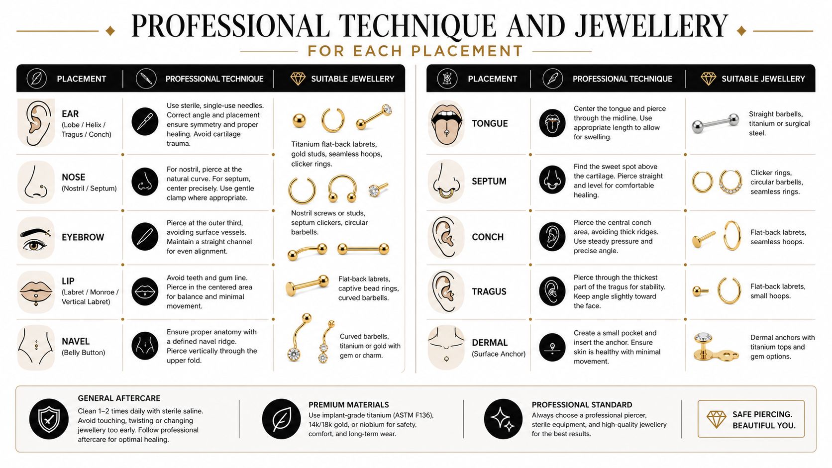 An infographic detailing professional piercing techniques and suitable jewellery types for various body placements and common piercings.