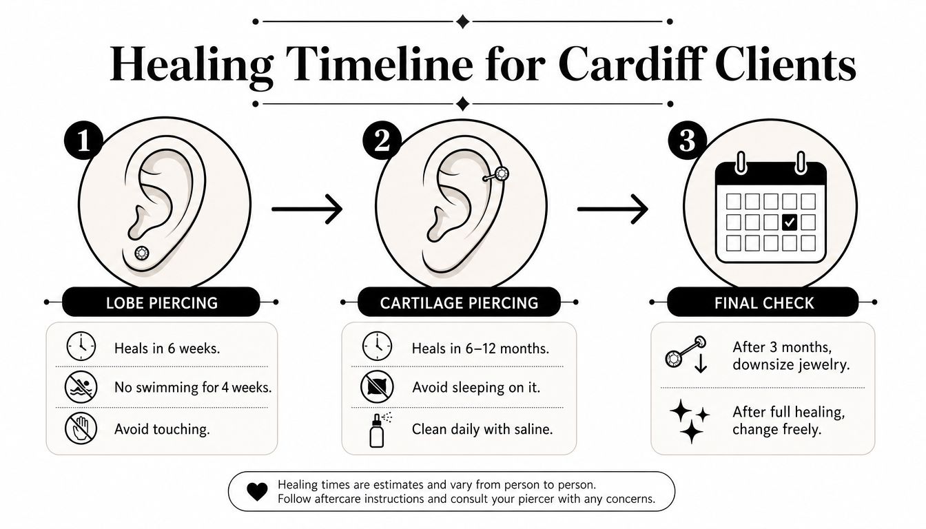 A healing timeline infographic for ear piercings in Cardiff, detailing lobe and cartilage care and final checks.