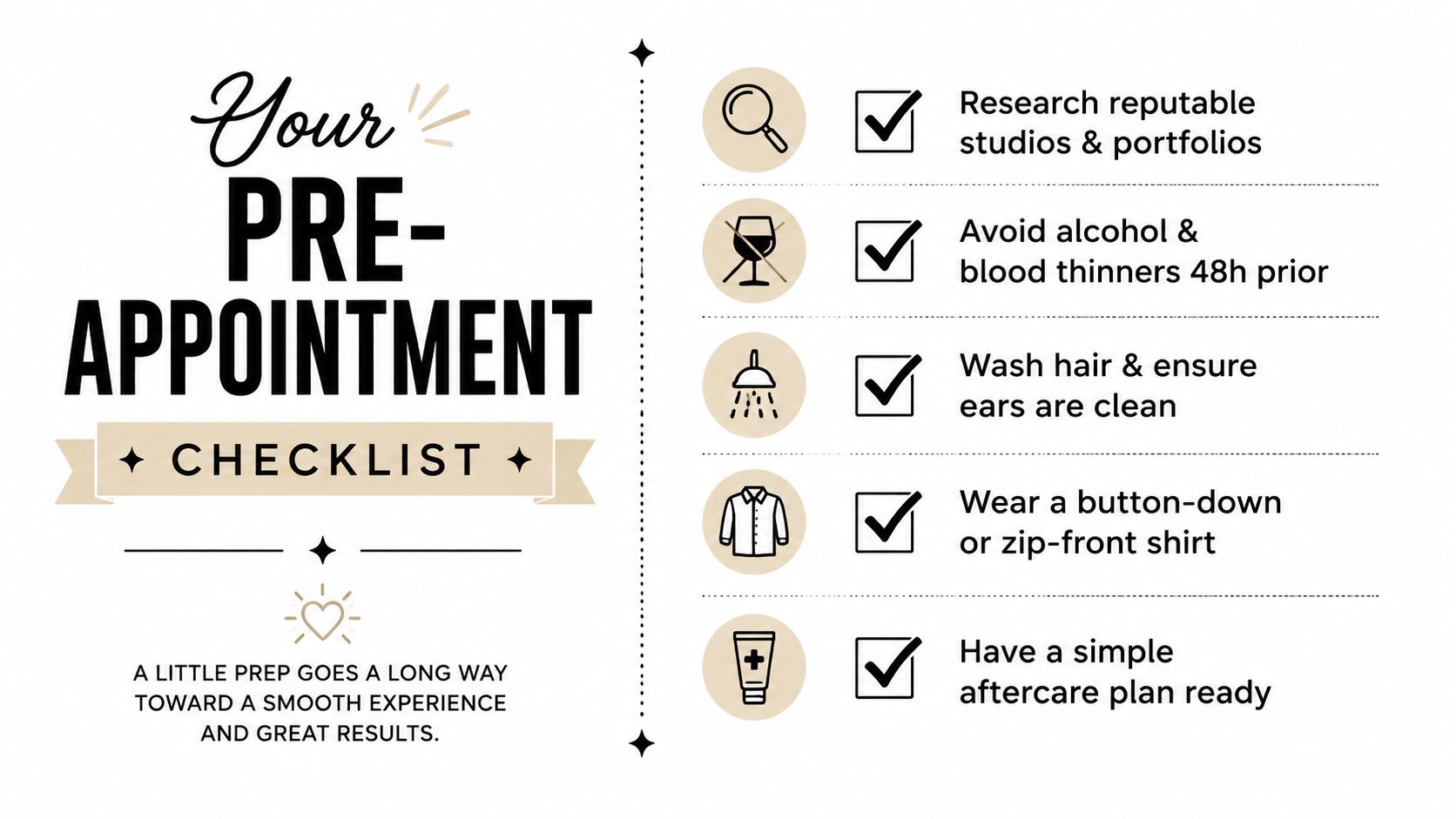 A pre-appointment checklist for piercing preparation with tips on hygiene, clothing, and research to ensure results.