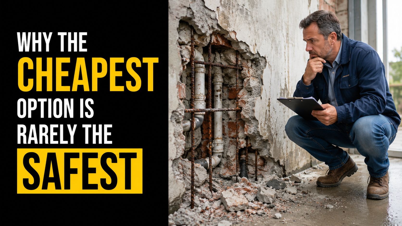 A professional inspector examines a damaged wall with exposed plumbing, highlighting the dangers of choosing cheap repairs.