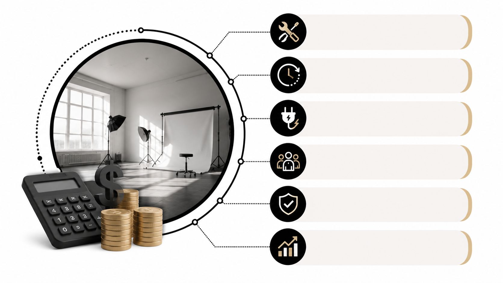 A professional photo studio workspace with a calculator and gold coins representing pricing and financial planning.