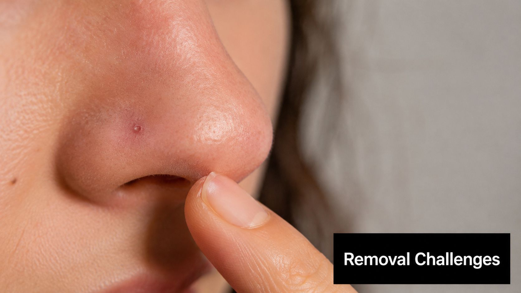 A close up view of a person pointing to a small nose piercing bump on their nostril