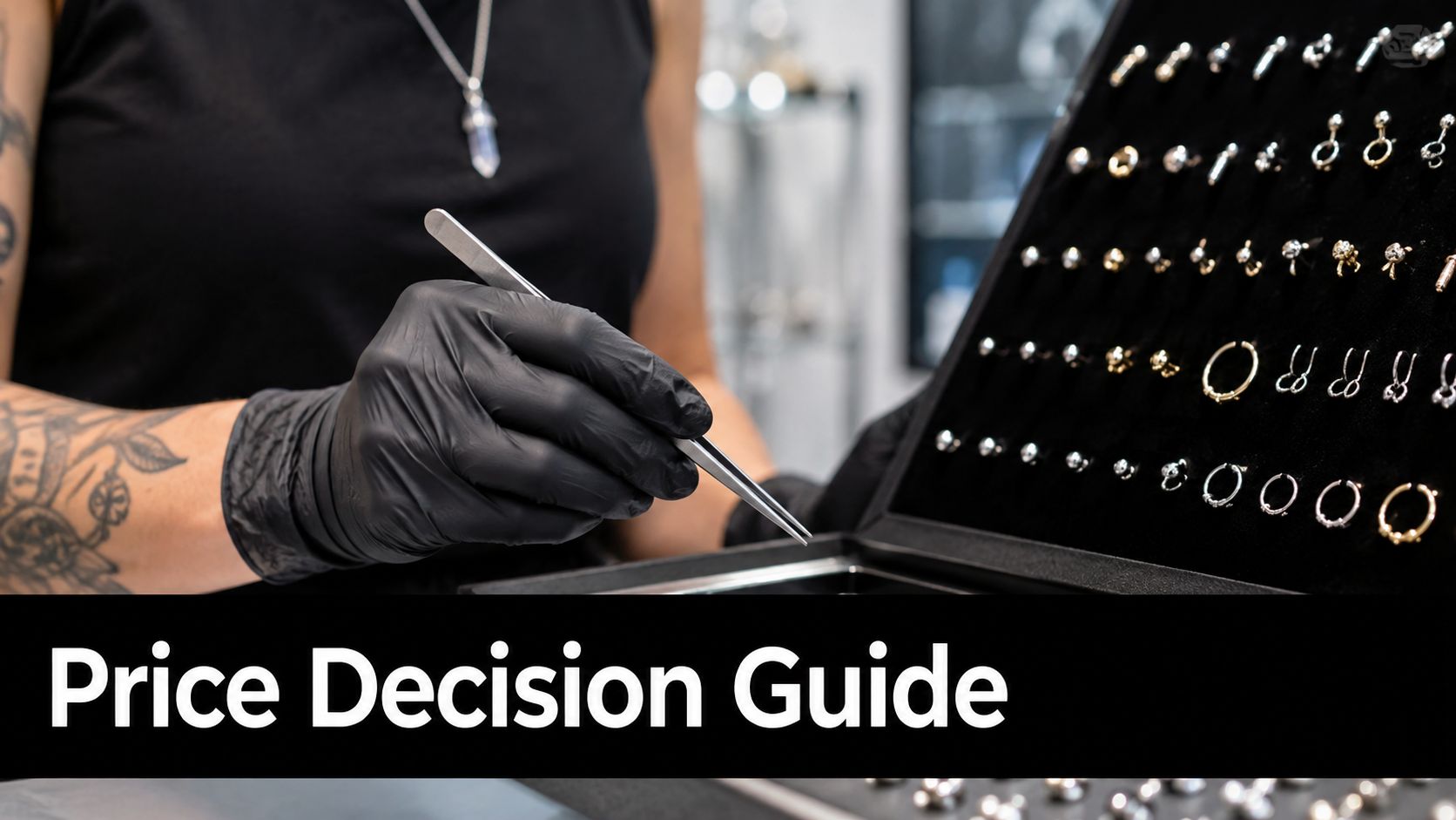 A professional piercer in black gloves using tweezers to select jewelry from a velvet display case.