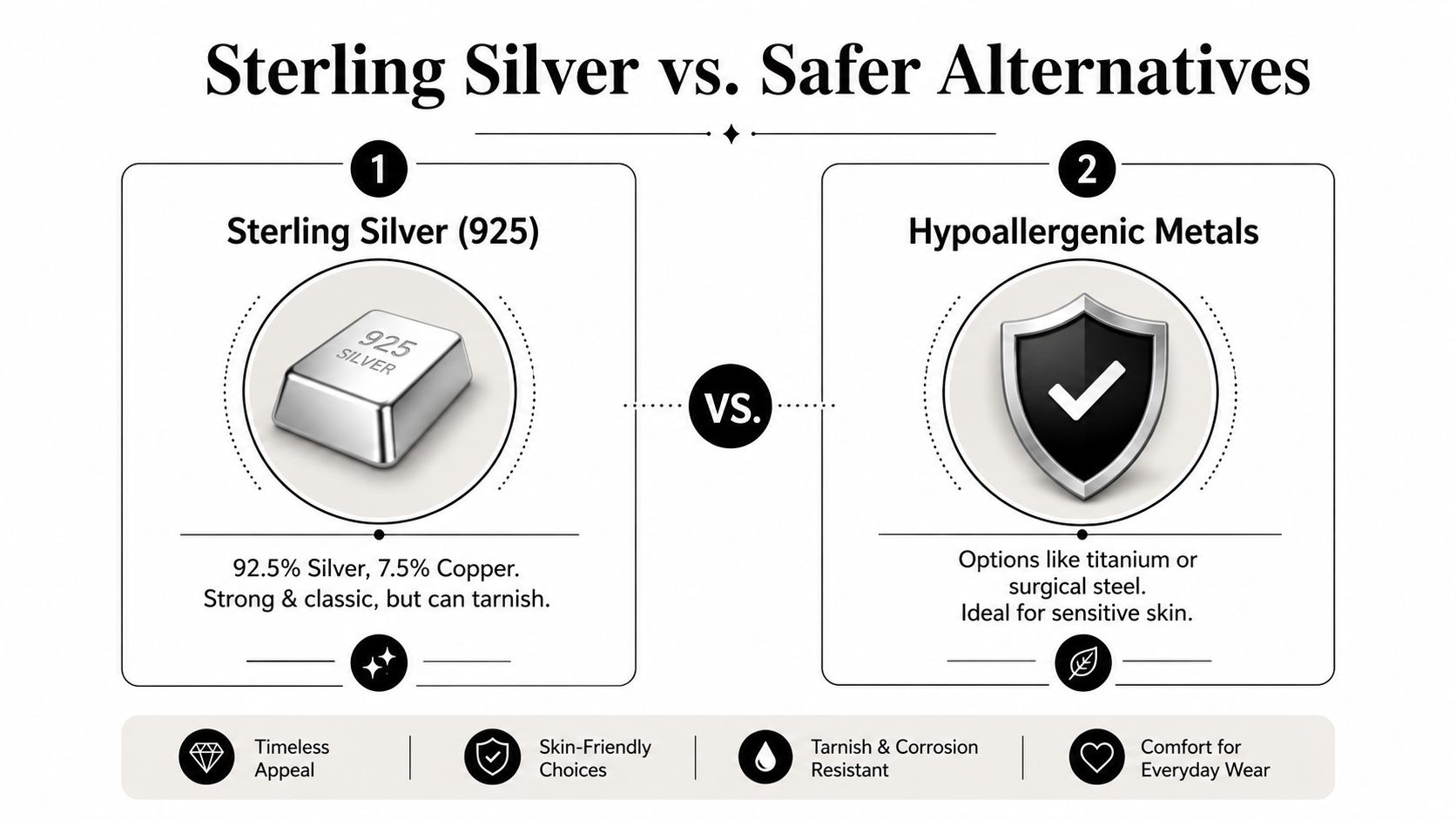 A comparison infographic between sterling silver and hypoallergenic metals for jewelry, showing their material composition and benefits.