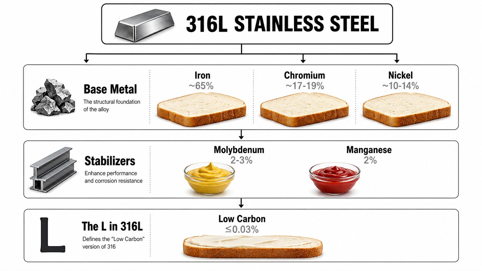 A diagram illustrating the component elements and chemical composition of 316L stainless steel using food metaphors.
