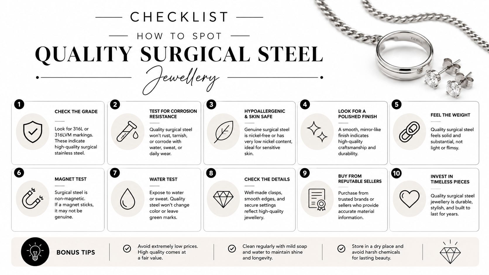 A checklist infographic titled How to Spot Quality Surgical Steel Jewellery with ten numbered tips.