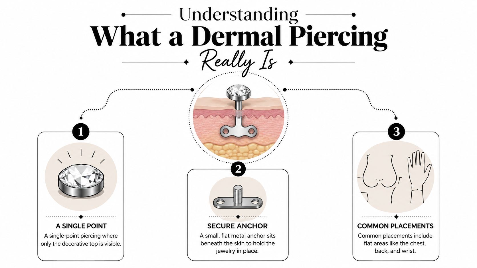 An infographic illustration explaining what a dermal piercing is, its anchor mechanism, and common body placement areas.