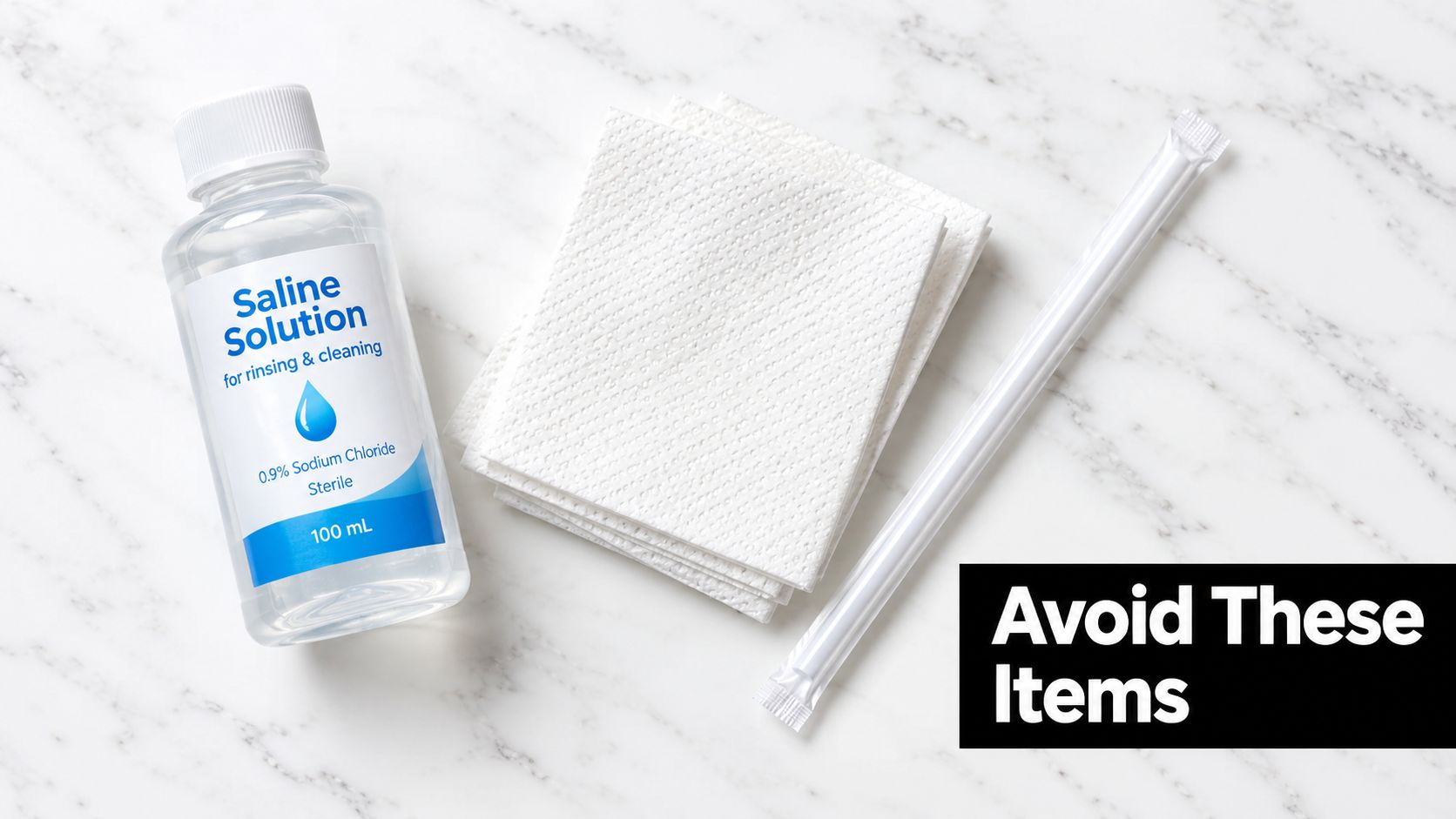 A saline solution bottle, paper napkins, and a plastic straw on a white marble background, marked avoid.