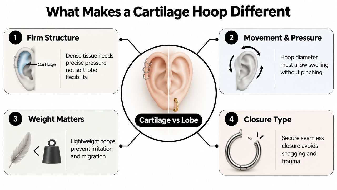 An infographic showing four key factors distinguishing cartilage earring hoops from standard earlobe jewelry.