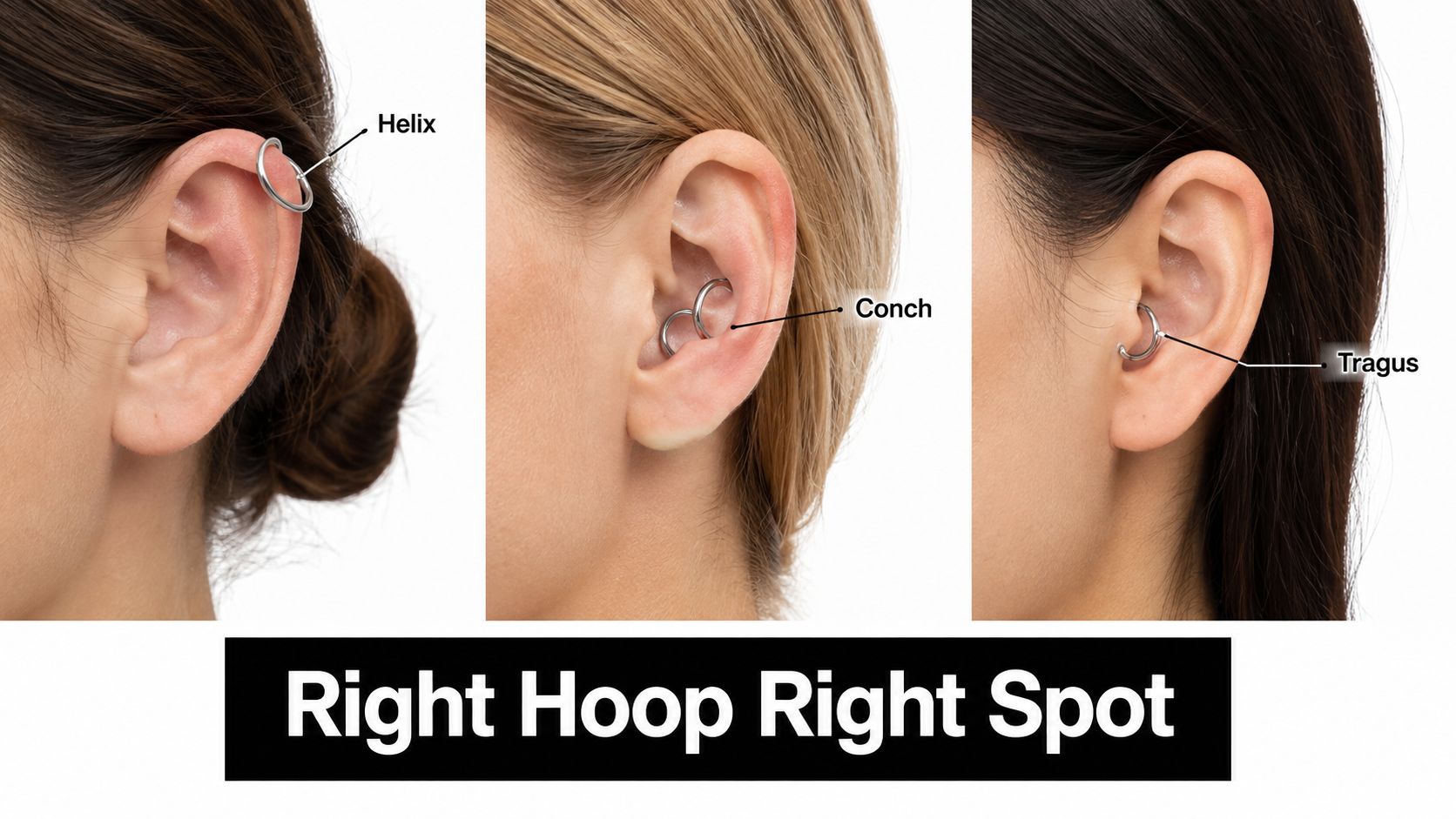Three different examples of cartilage earring hoops placed in helix, conch, and tragus ear piercing locations.