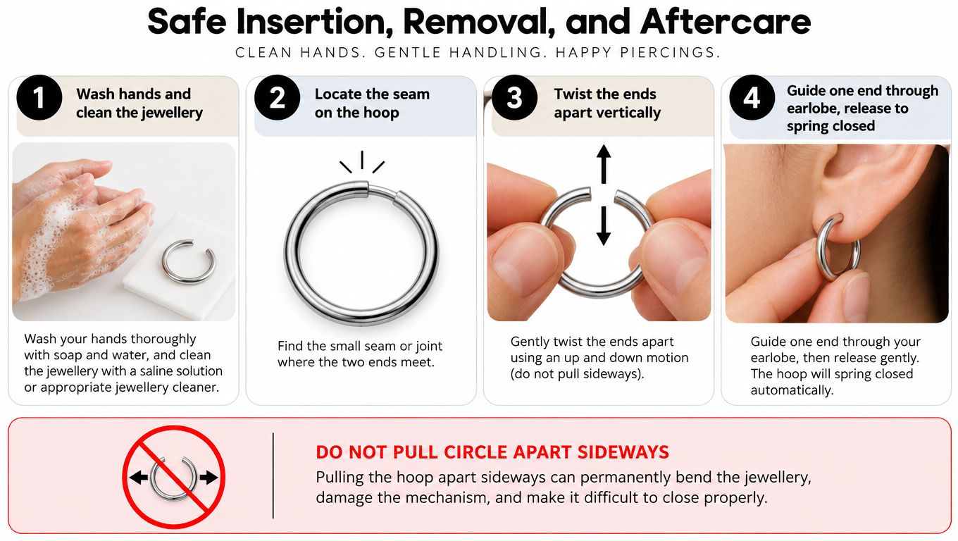 A four-step infographic showing how to safely insert and remove continuous hoop earrings with proper handling instructions.