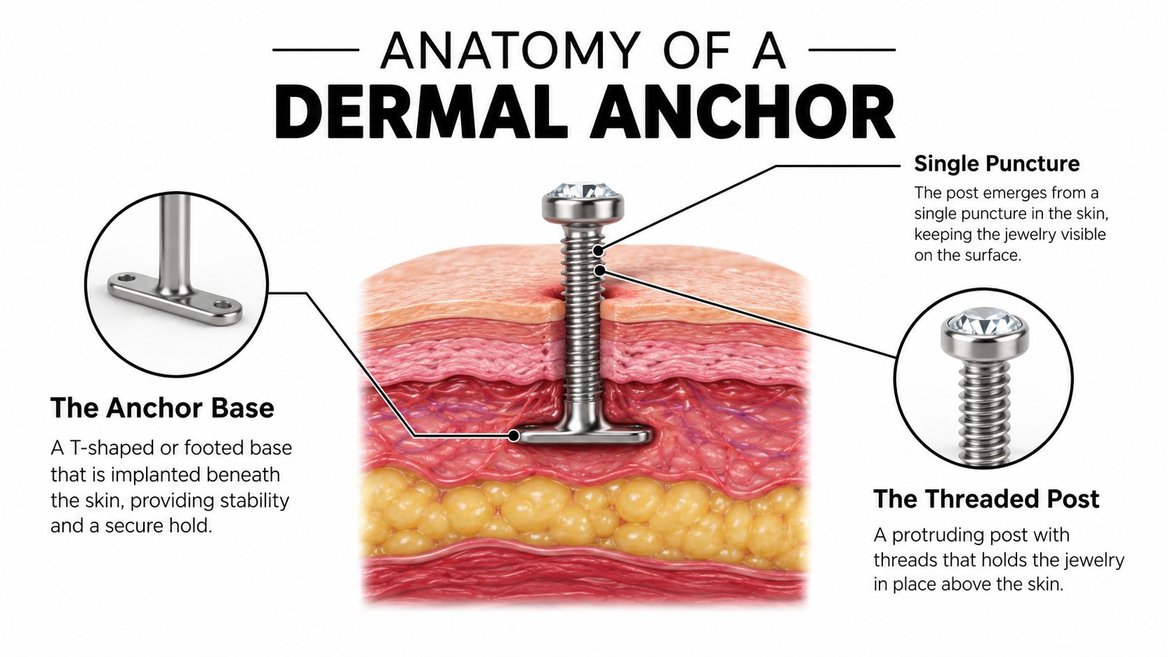 A diagram illustrating the anatomy of a dermal anchor piercing implanted under the skin with threaded post.