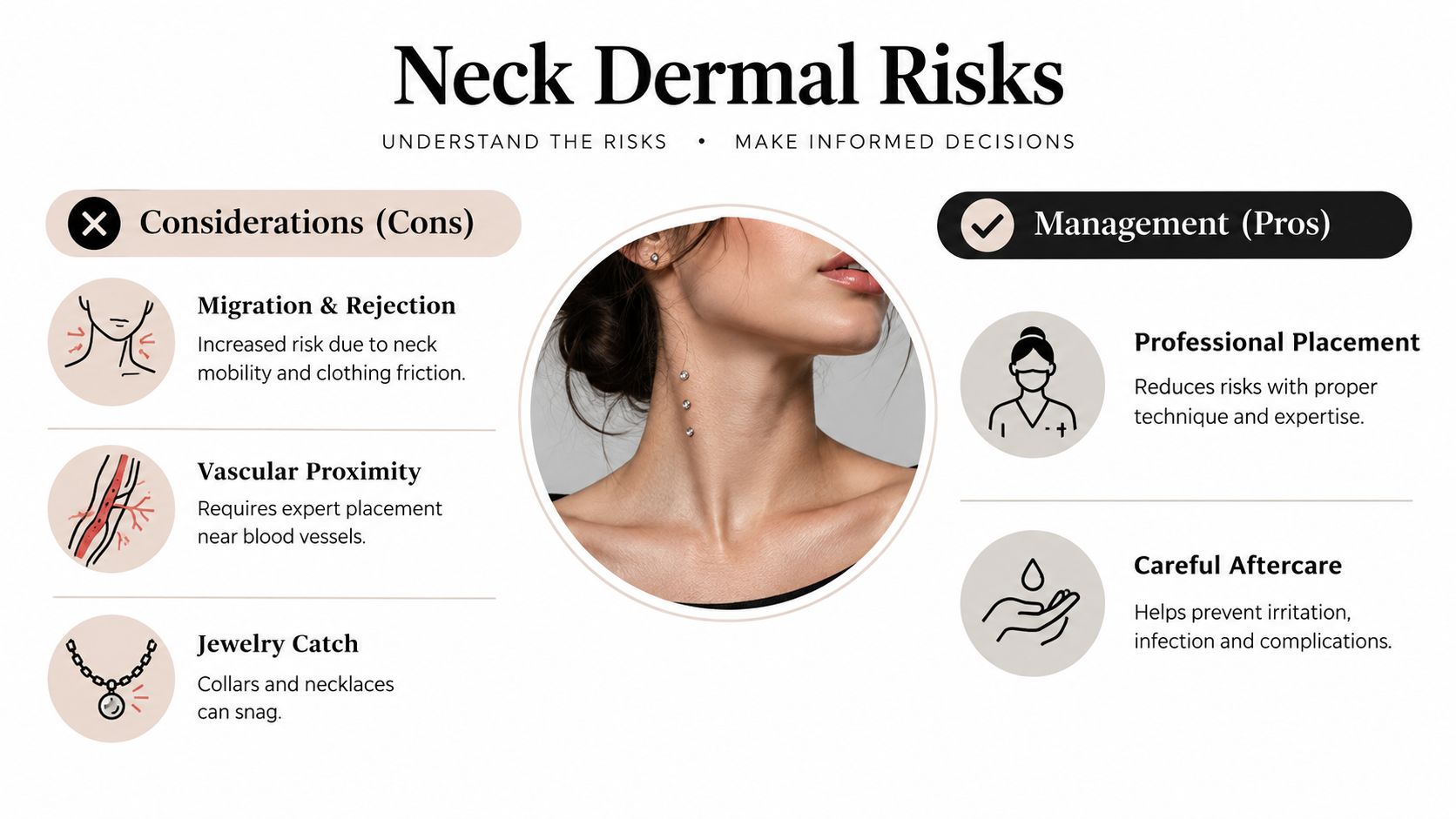 An infographic detailing the potential risks and management tips for getting a dermal piercing on the neck.