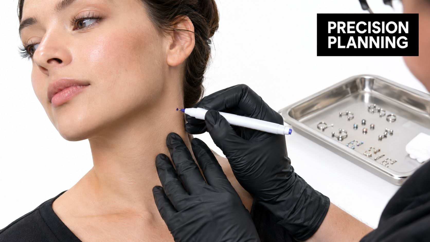 A professional piercer marking a client's neck with a blue marker before a dermal piercing procedure.