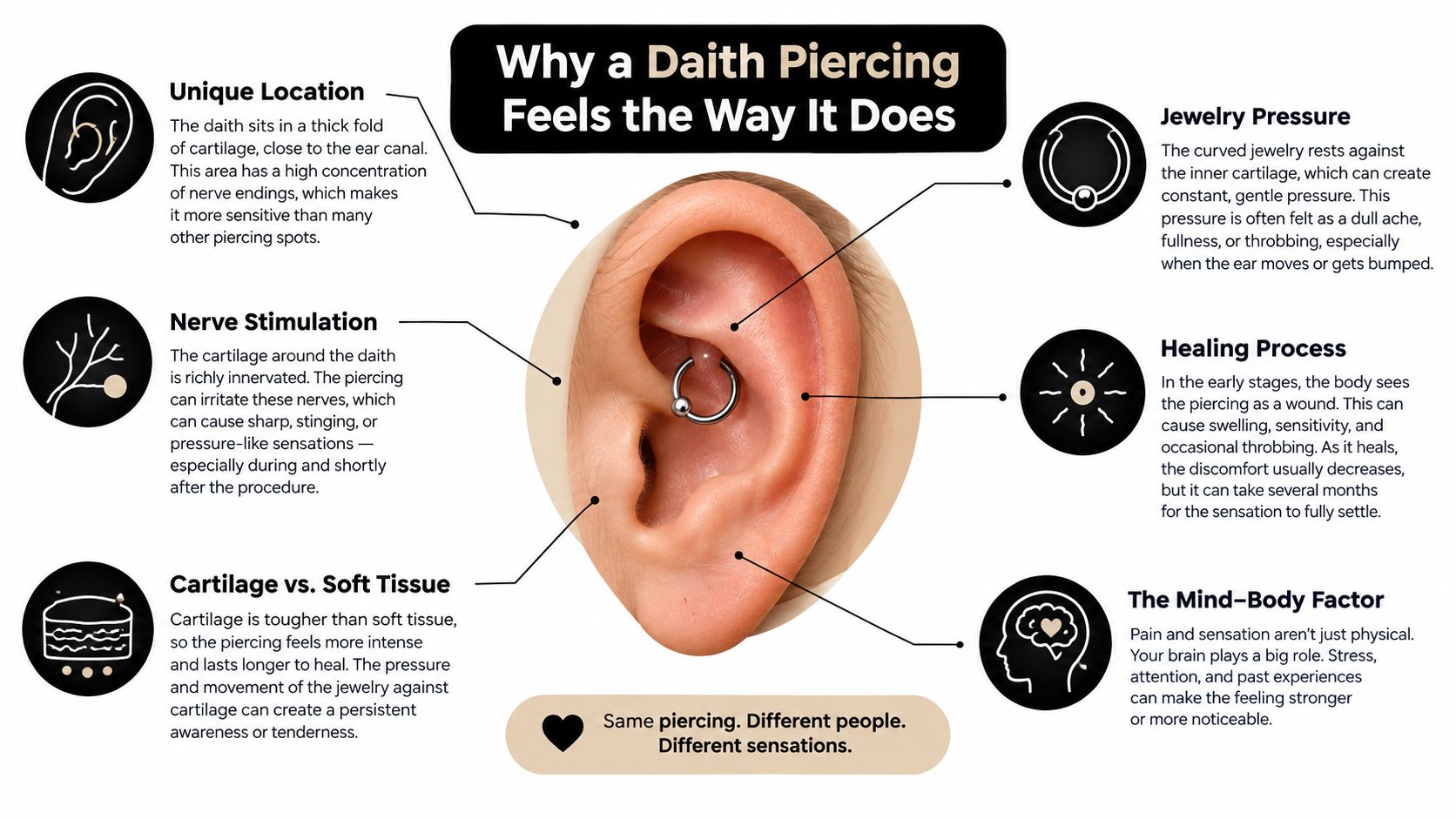 An infographic explaining why daith piercings cause specific sensations, covering anatomy, nerve stimulation, jewelry pressure, and healing.