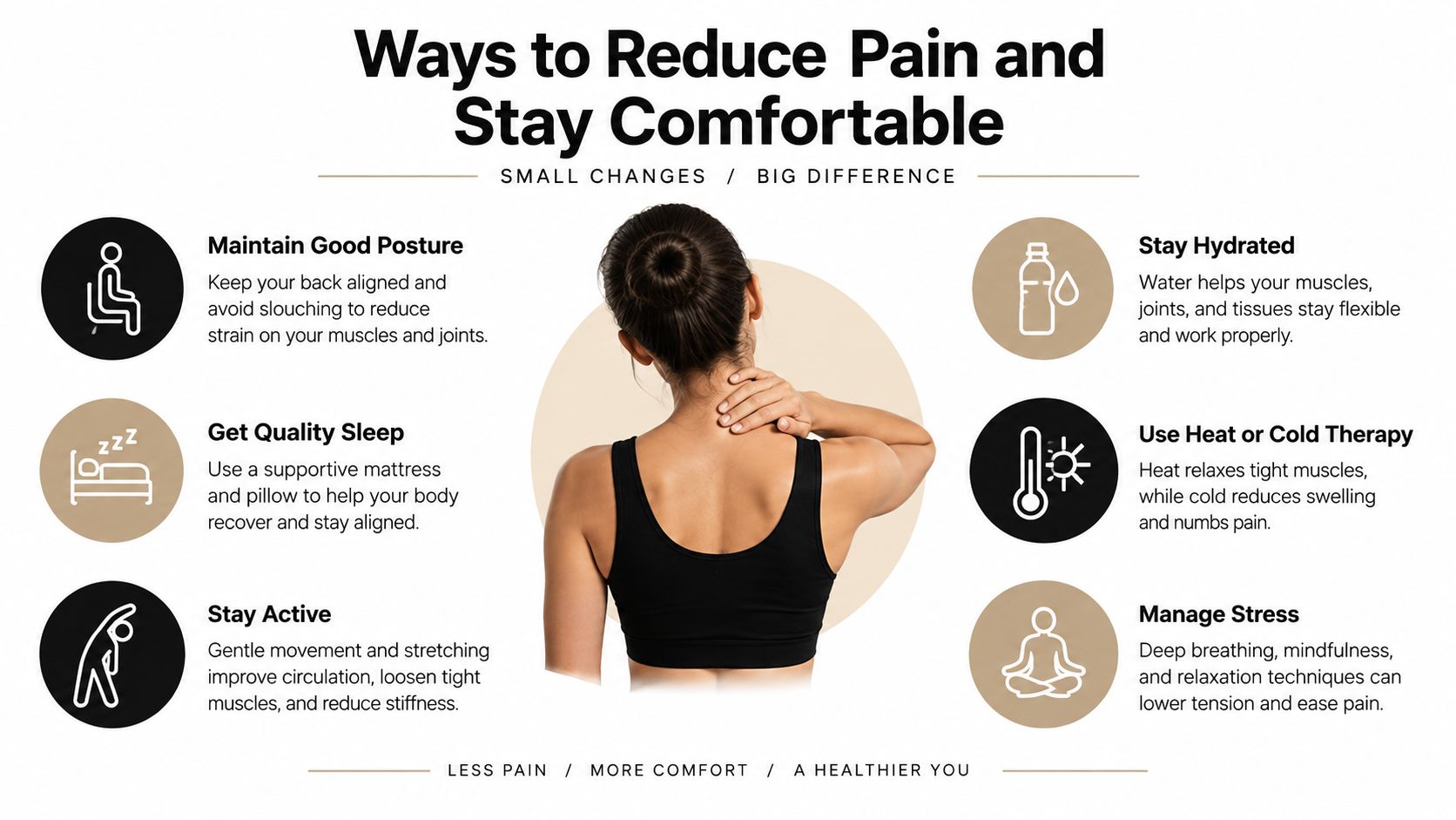 An infographic titled Ways to Reduce Pain and Stay Comfortable, outlining healthy lifestyle tips for pain management.
