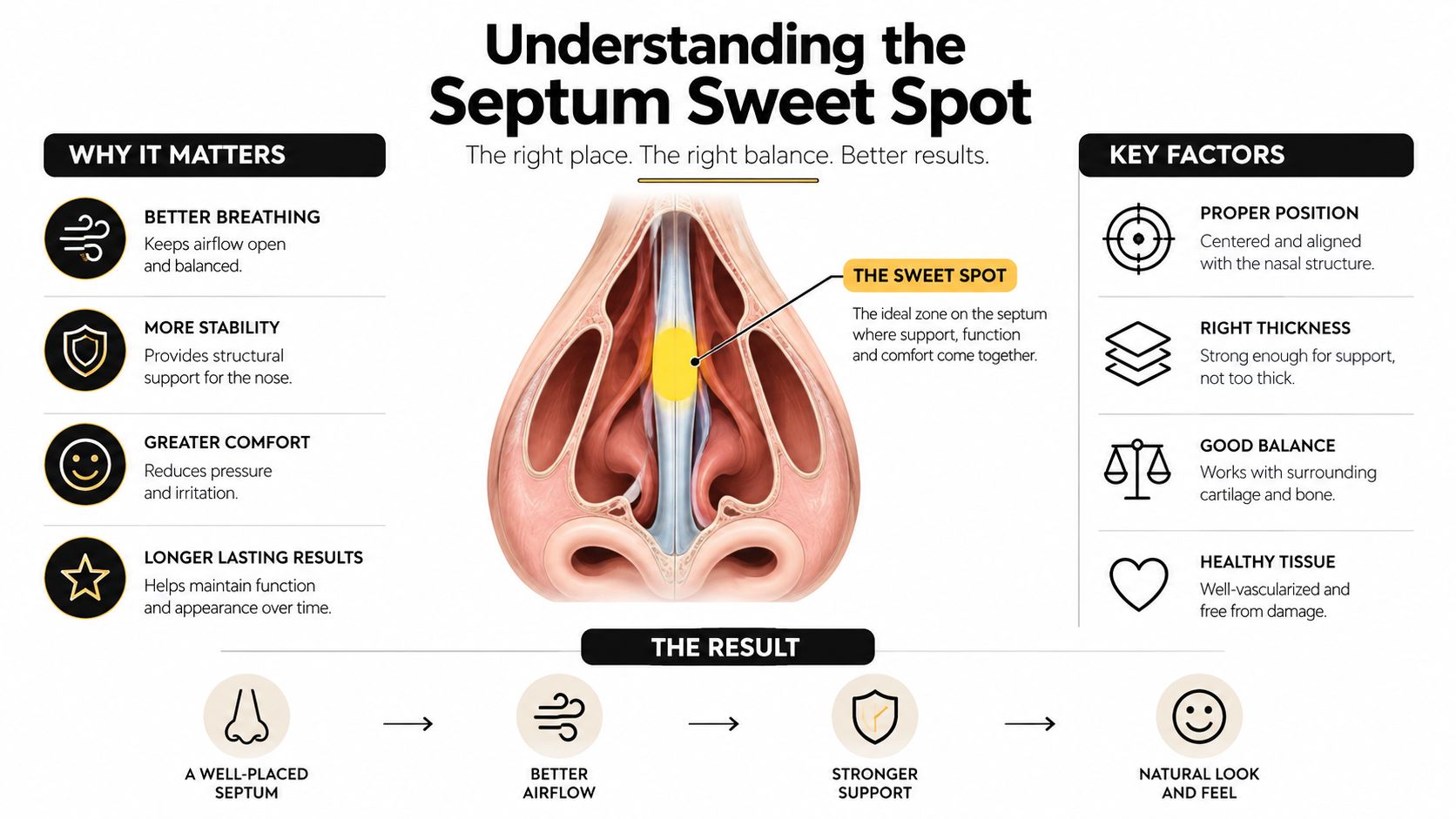 An educational infographic illustrating the anatomical importance of the septum sweet spot for nasal health and comfort.