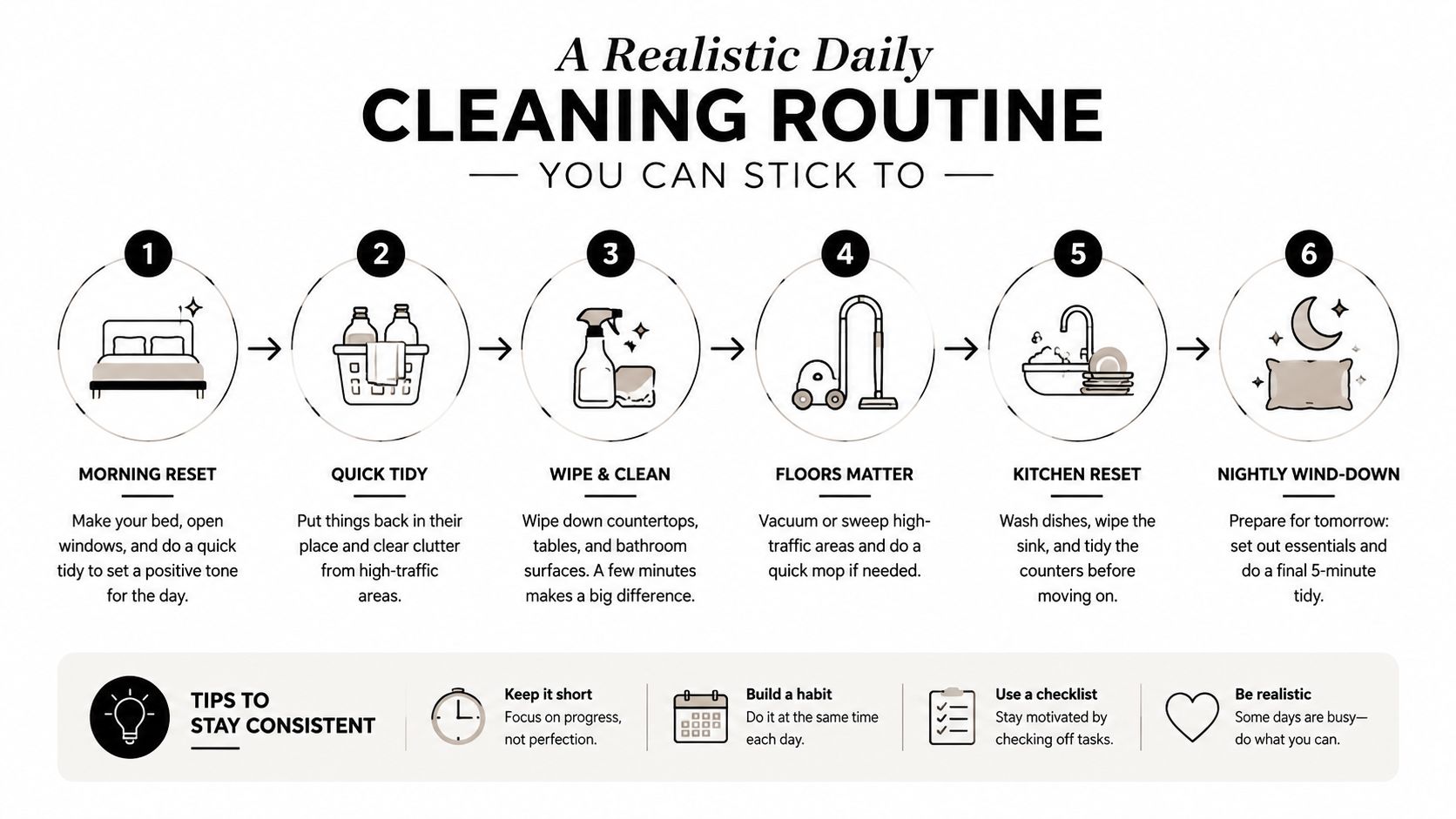 A step-by-step infographic titled A Realistic Daily Cleaning Routine with six numbered icons for organizing housework.