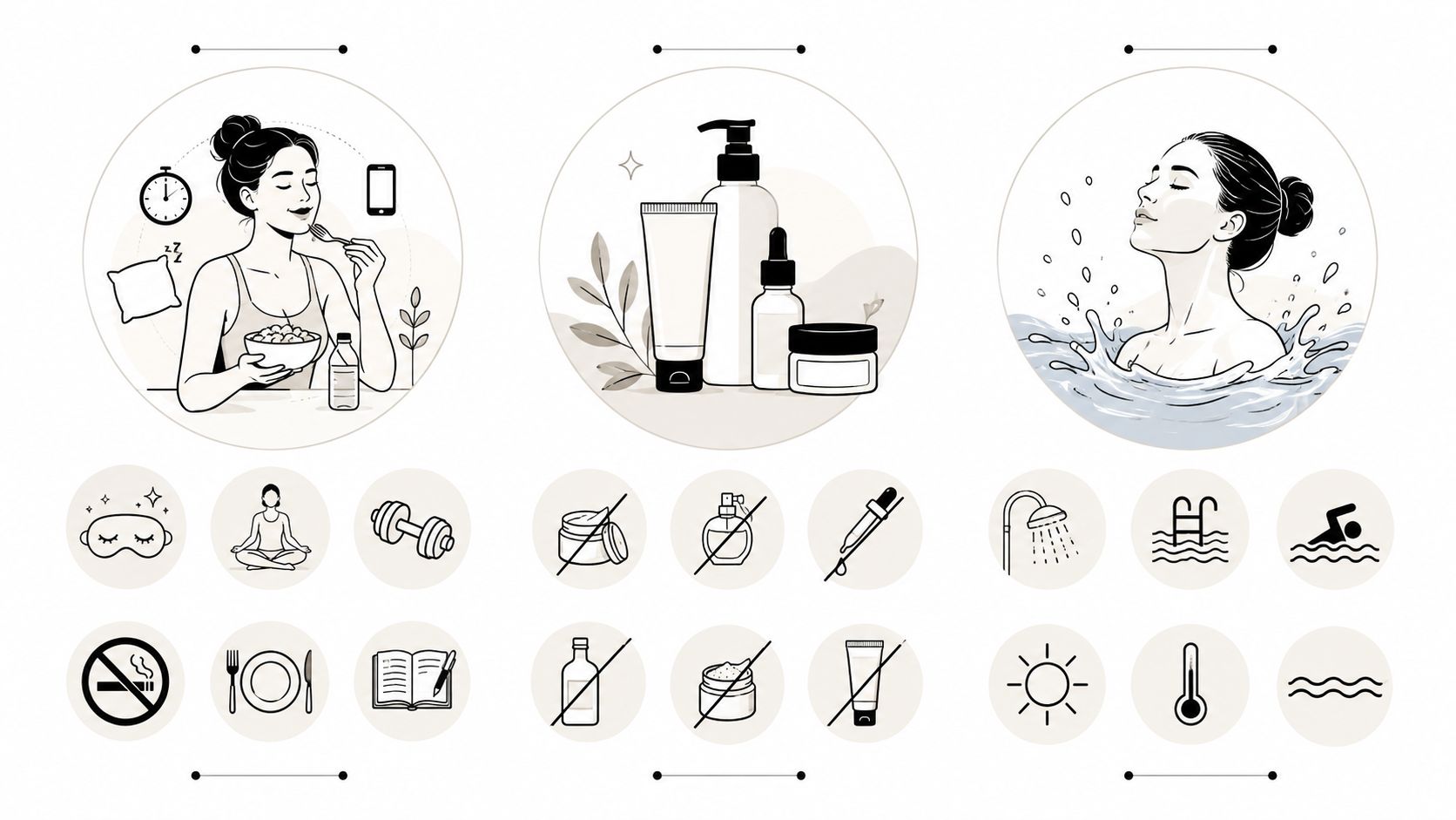 An infographic showing healthy daily habits for post-procedure care including nutrition, gentle skincare, and gentle water activities.