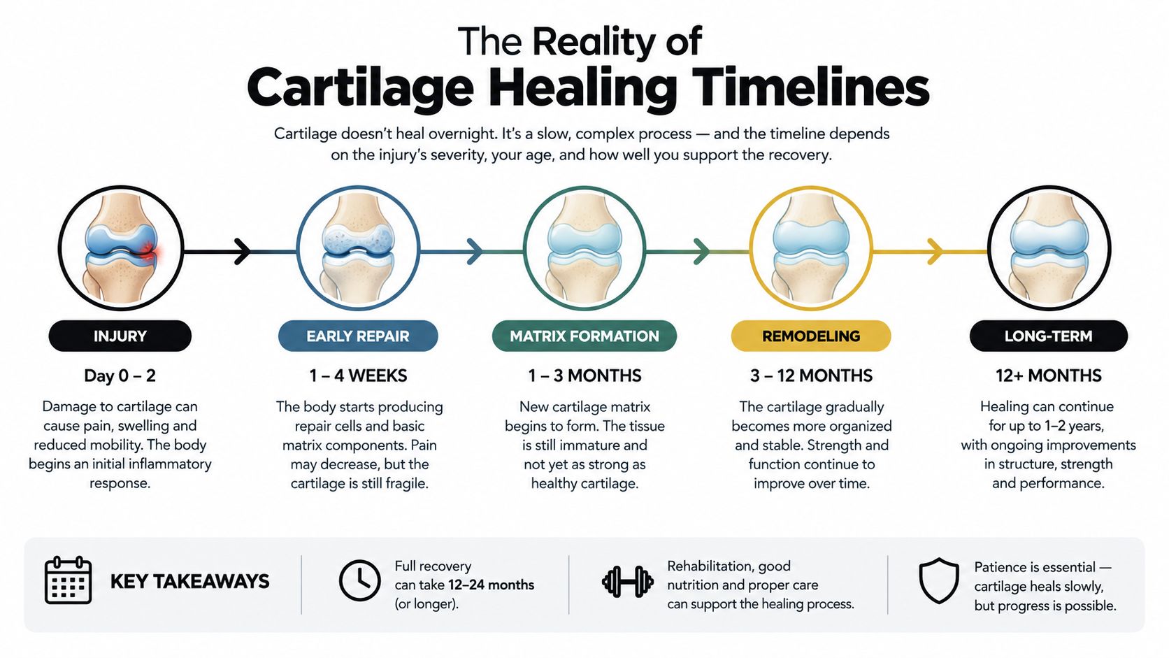 A diagram illustrating the progressive, multi-stage timeline of cartilage healing from initial injury to long-term recovery.