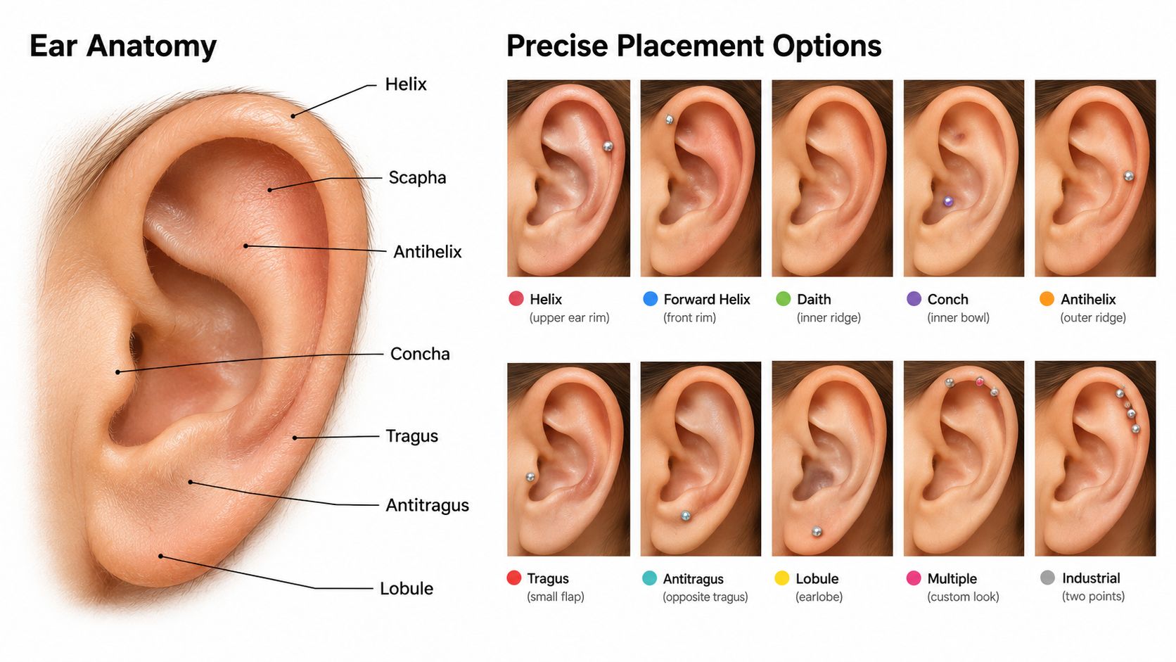 A diagram labeled with various ear anatomy parts and examples of common ear piercing placement locations.