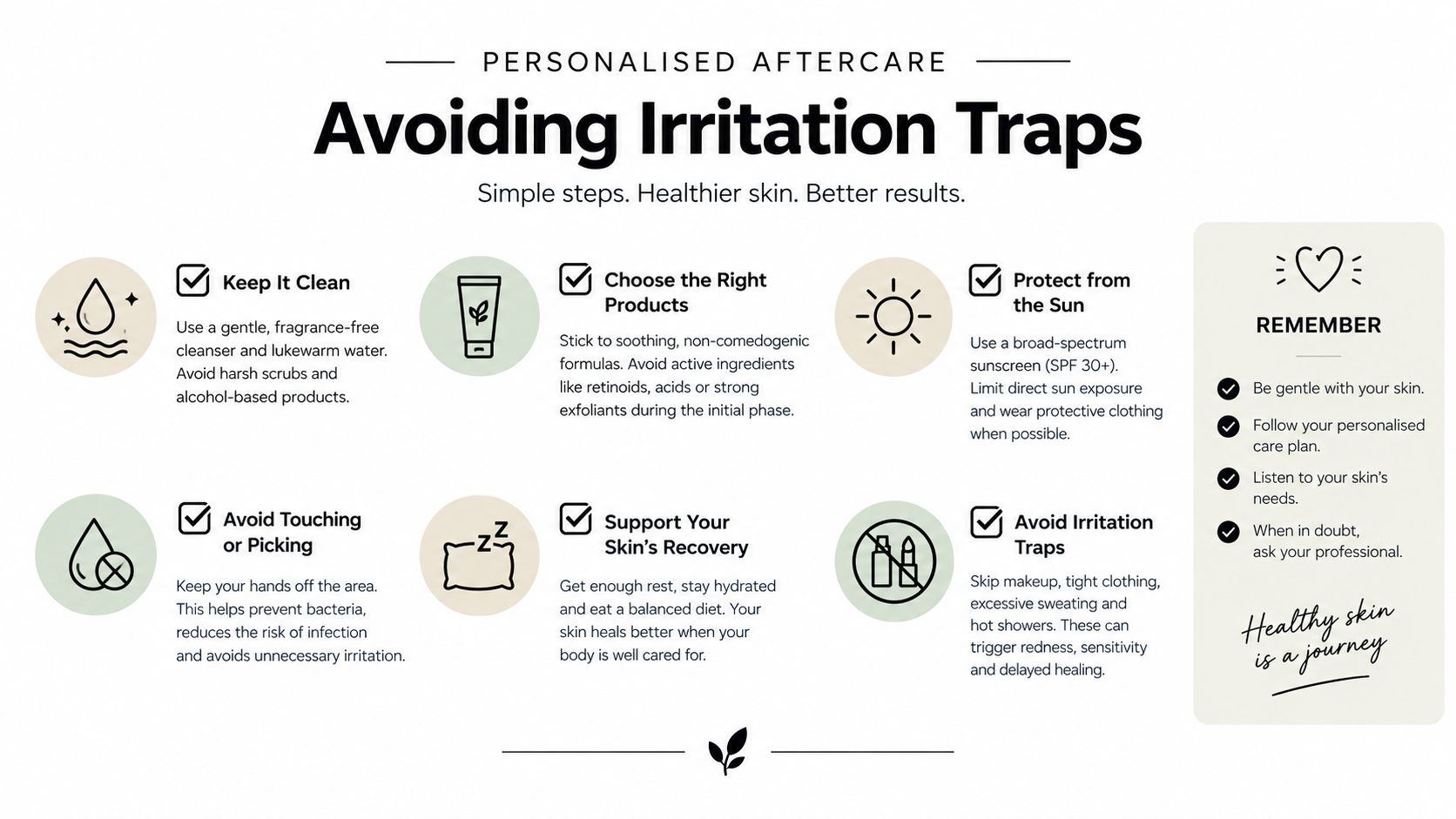 A guide showing simple tips for aftercare to prevent irritation and support healing of skin procedures.