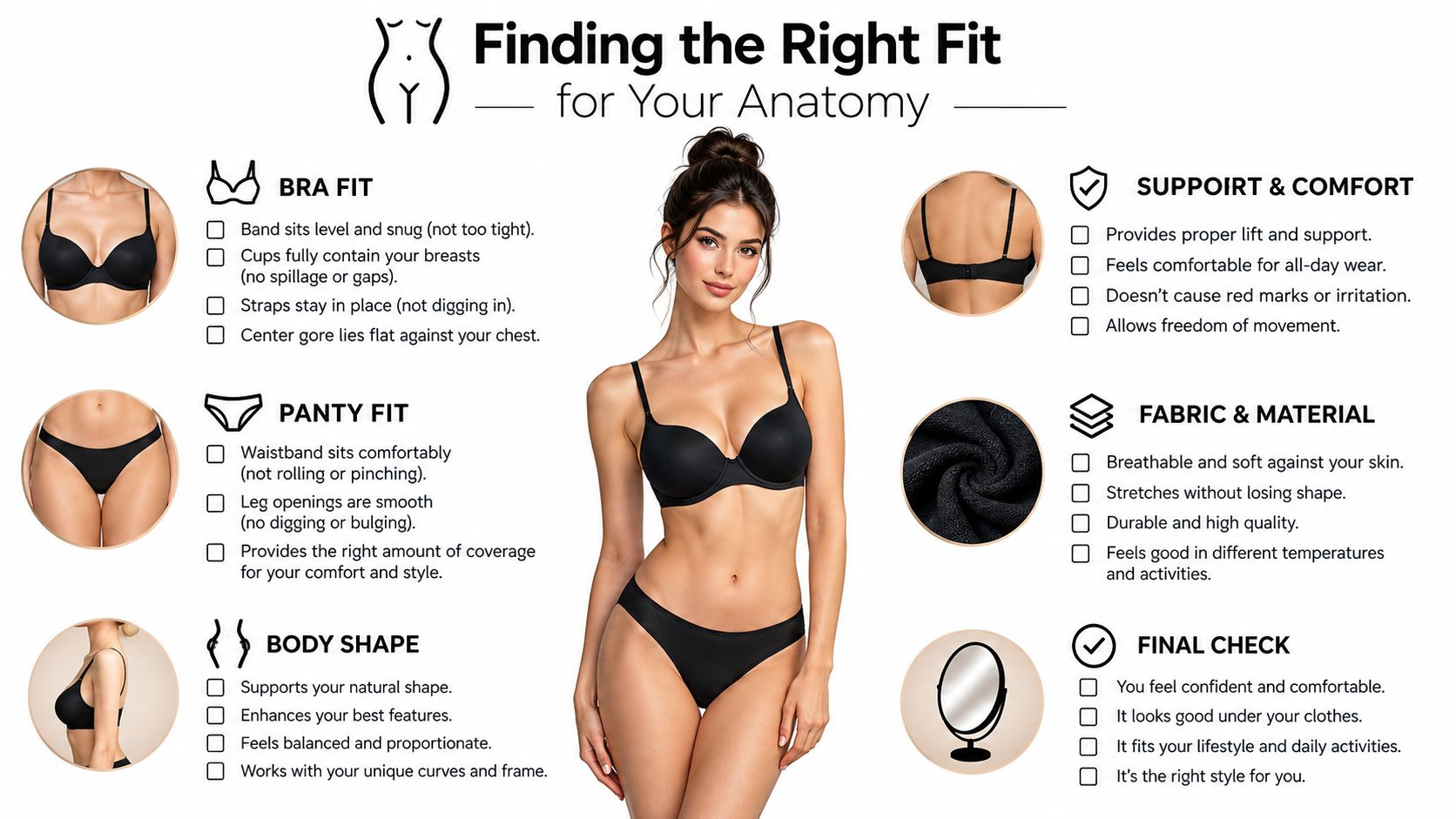 An infographic illustrating tips for finding the perfect fit for bras and panties on different body types.