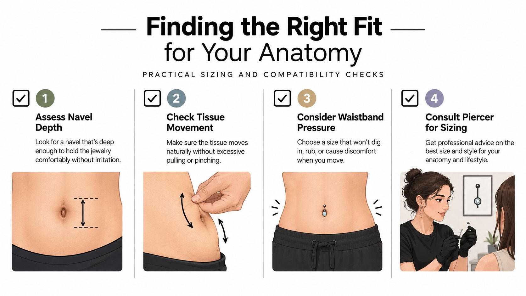 A step-by-step infographic guide on how to choose the right fit for navel piercing jewelry safely.