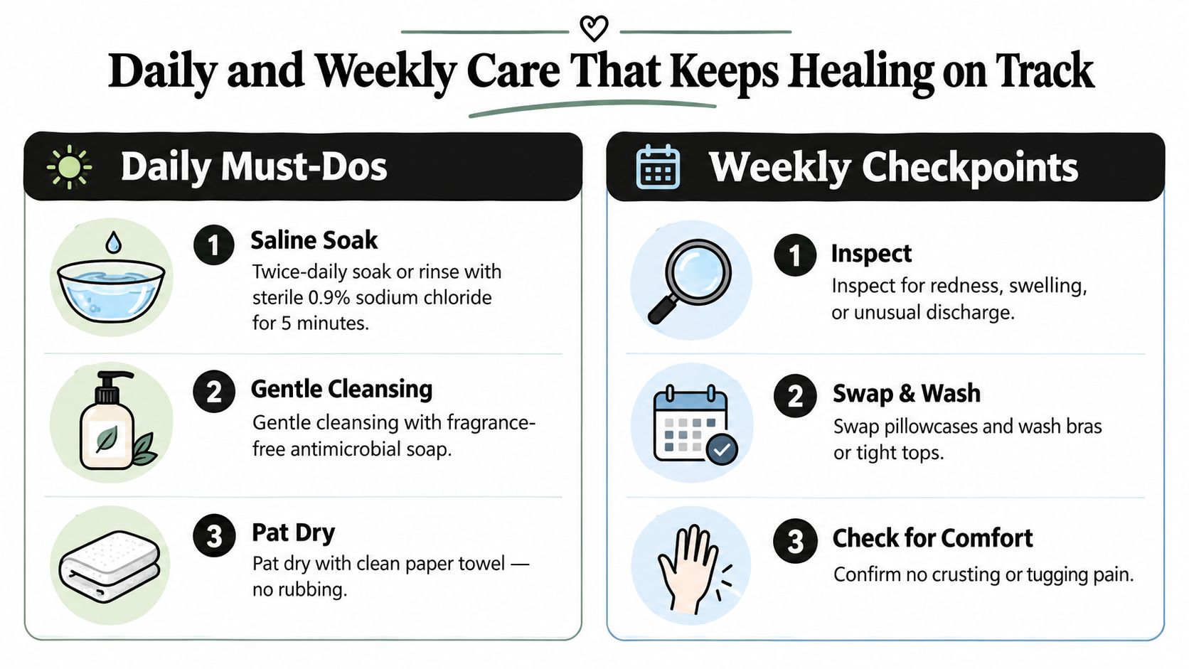 A guide detailing daily and weekly care instructions for proper aftercare to maintain healing and hygiene.