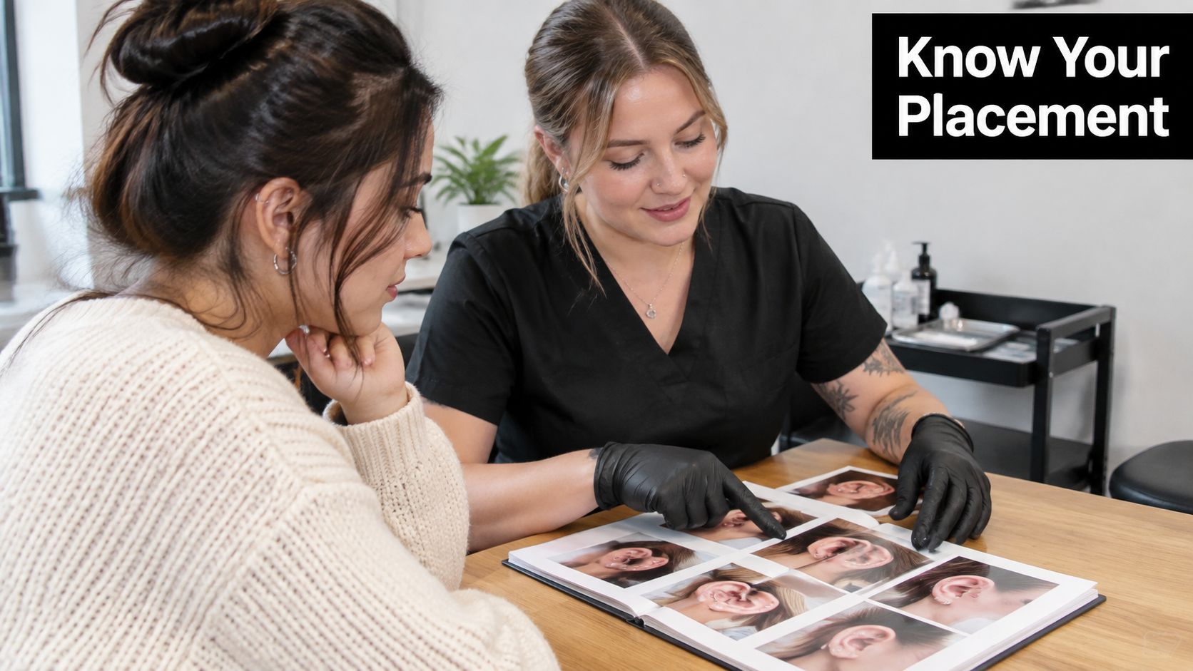 A professional piercer shows a client various ear piercing placement options in a photo portfolio book.