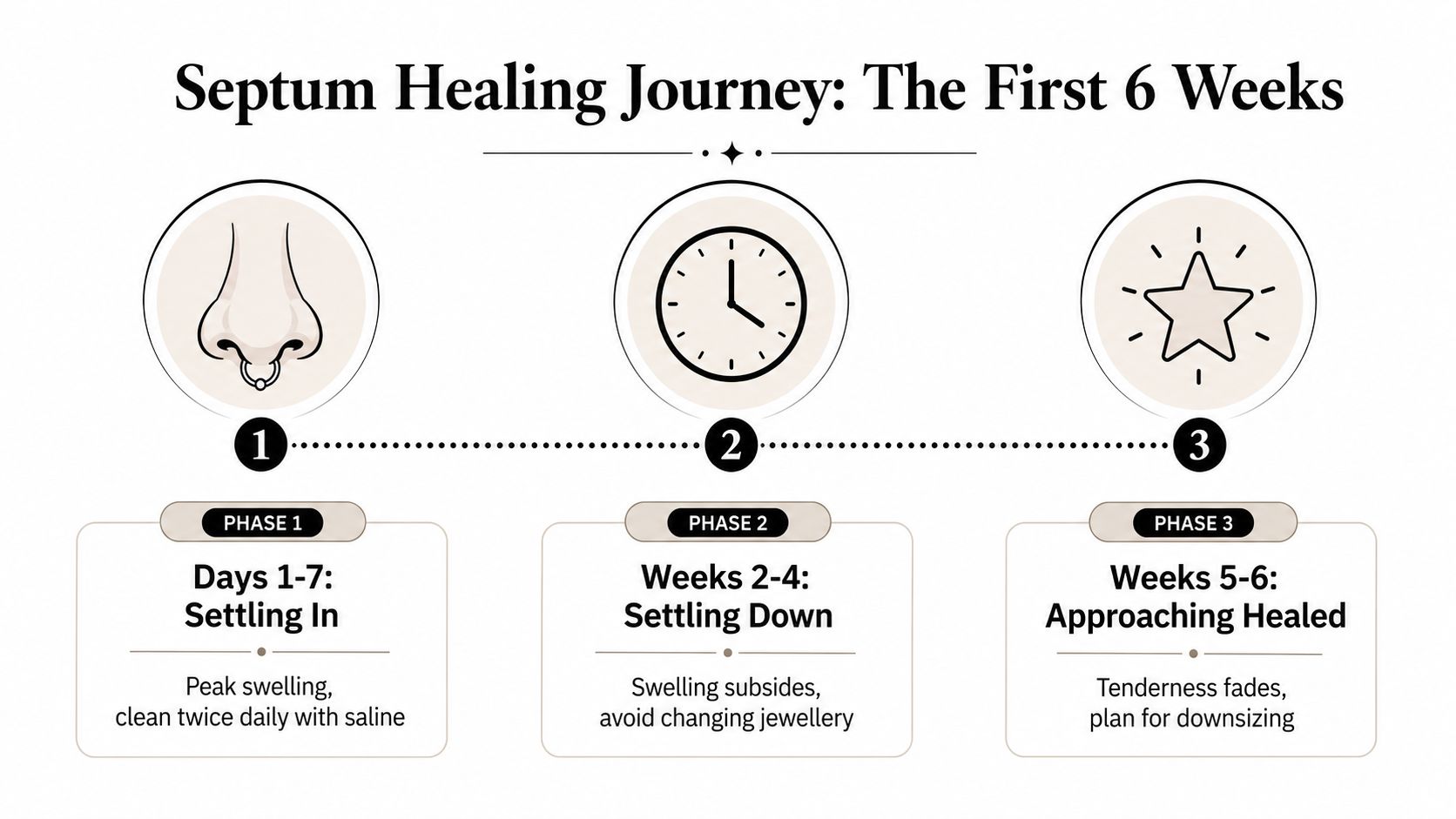 A timeline graphic showing the three phases of septum piercing healing from days 1 to 6 weeks.