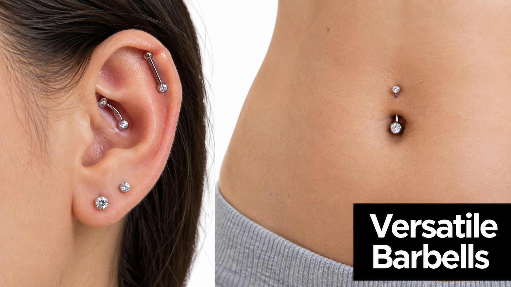 Close-up of a person wearing various barbell body jewelry in their ear and belly button piercings.