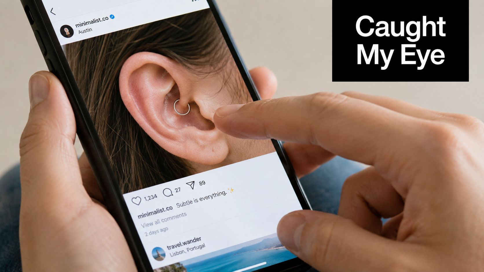 A close-up view of a smartphone screen displaying an Instagram post featuring a daith ear piercing.