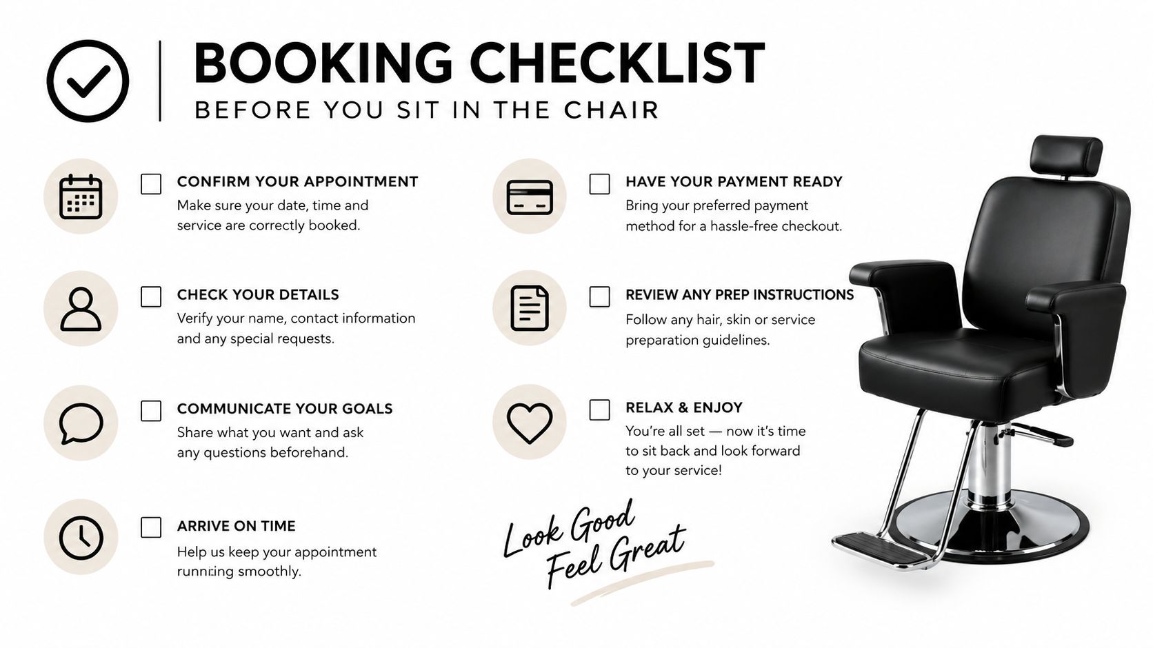 A professional booking checklist for salon or barber services presented in a clean, organized graphic format.