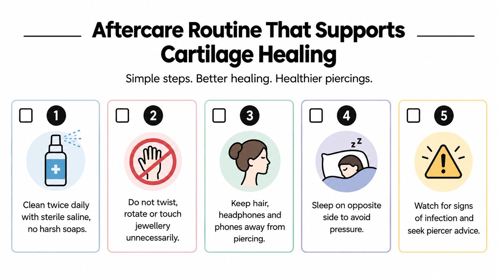 A five-step instructional guide on the proper aftercare routine for healing a new cartilage piercing.