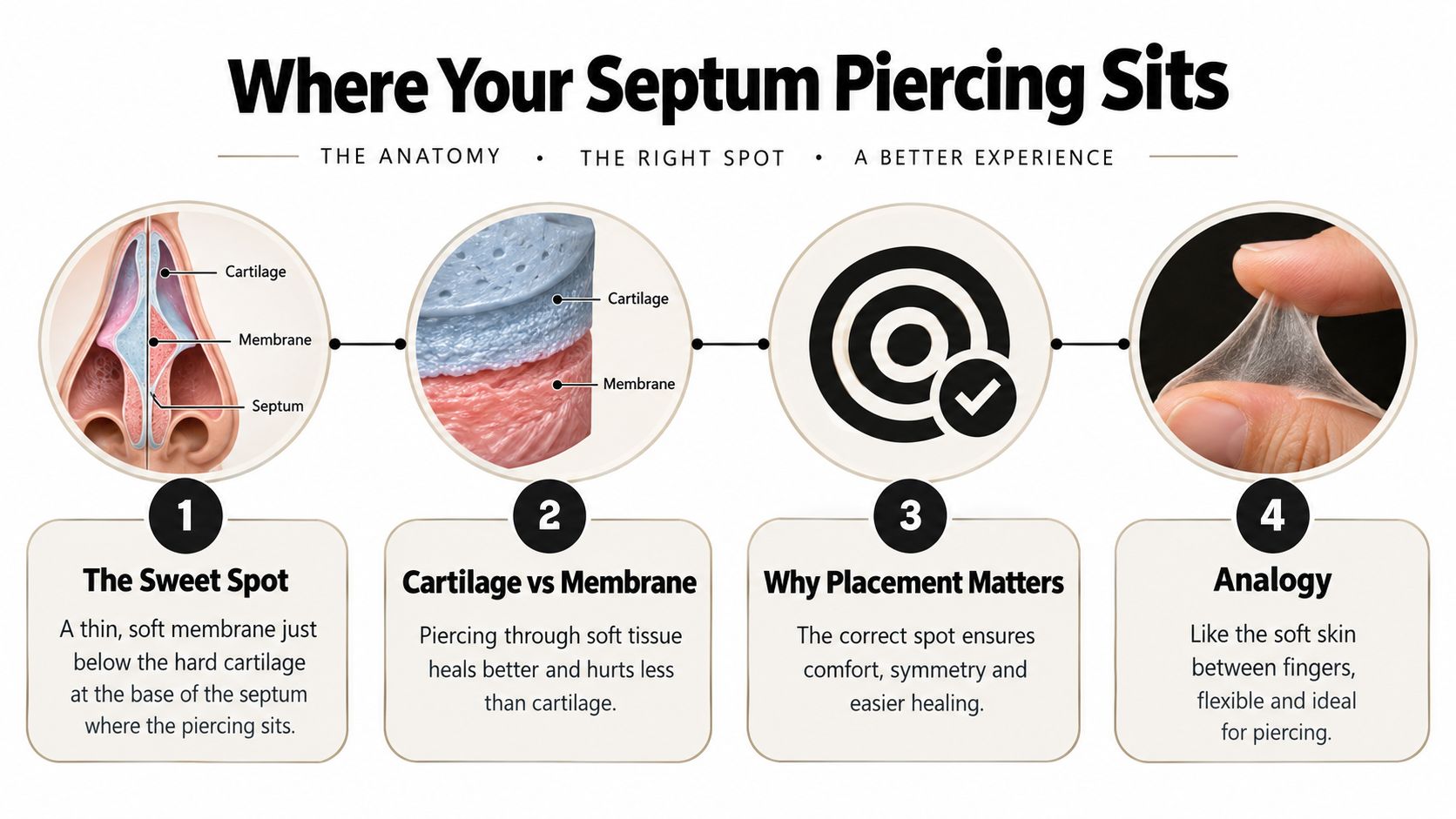 An infographic showing the anatomy of a nose and explaining the ideal placement for a septum piercing.