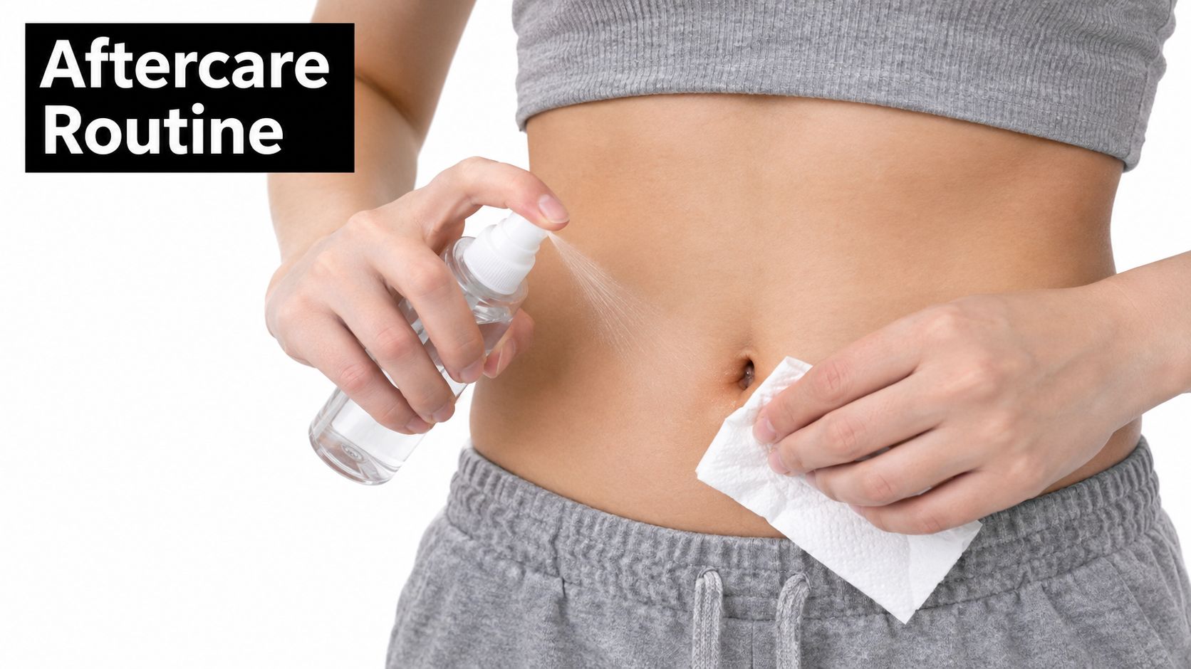A person cleaning their belly button piercing aftercare routine with a spray bottle and a tissue.