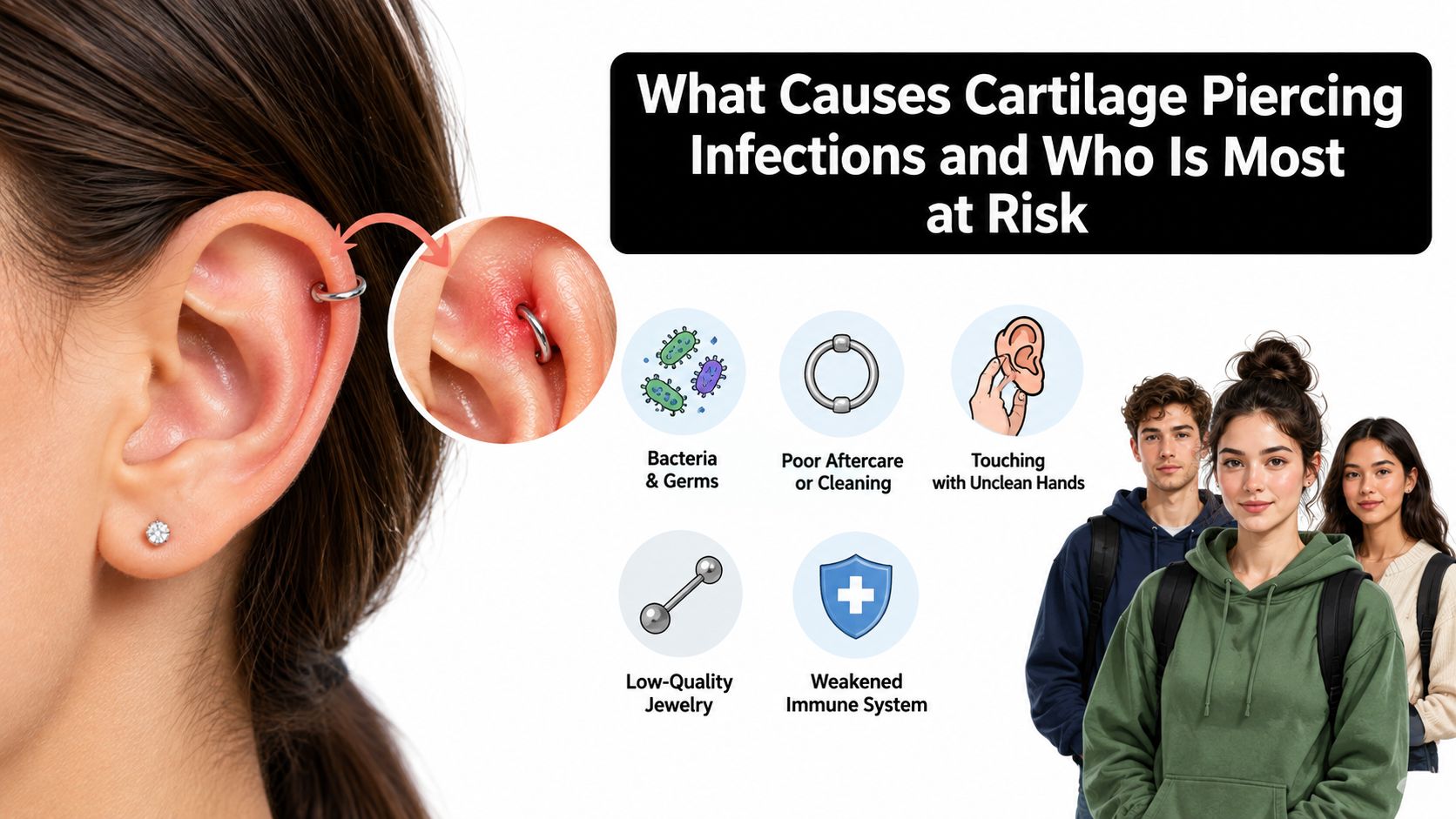 An educational graphic showing common causes of cartilage piercing infections, including bacteria, poor hygiene, and low-quality jewelry.